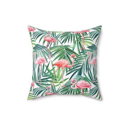 Pink Flamingos and Palm Leaves Spun Polyester Square Pillow