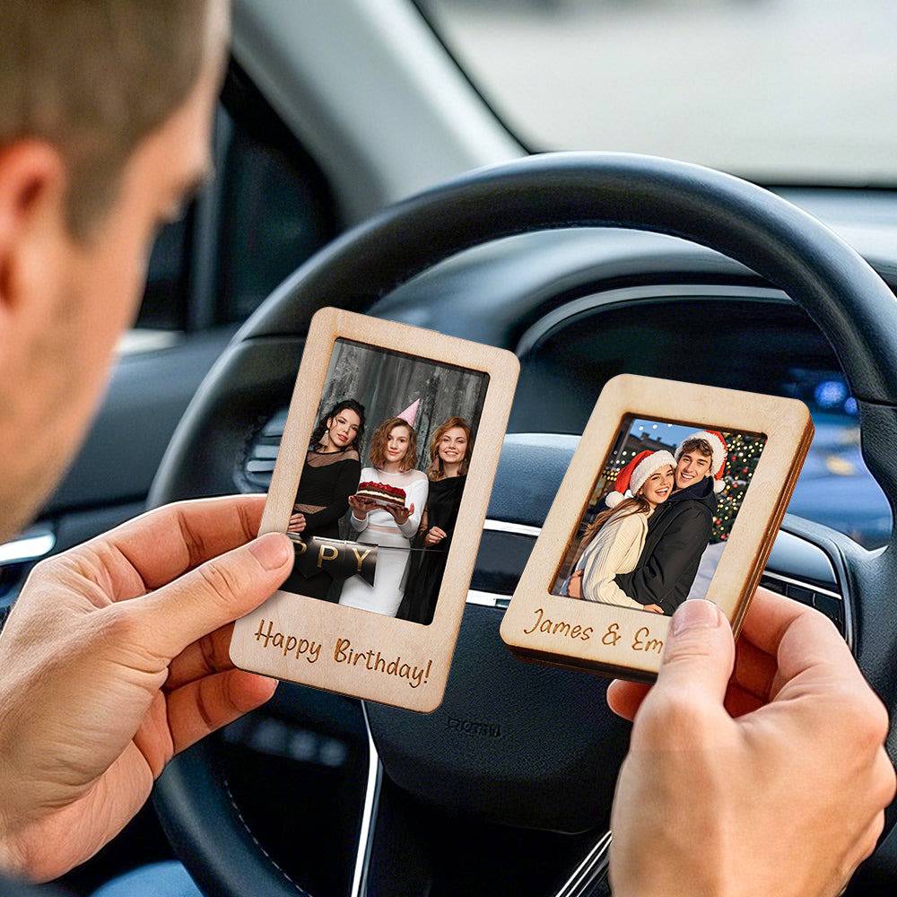 MadeMine personalized photo car sun visor clip with magnetic frame, featuring a custom photo display for vehicle accessories.