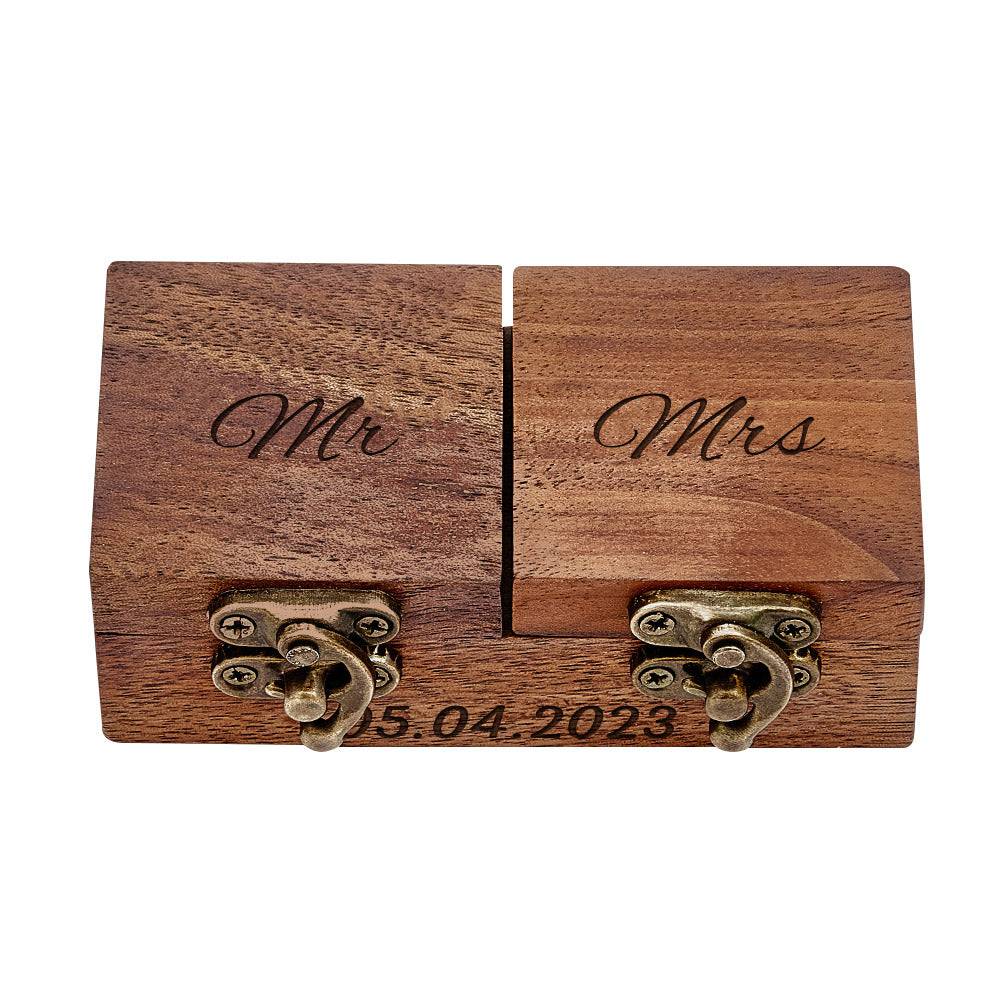 Personalized wooden ring box by MadeMine featuring a custom double ring bearer design for wedding jewelry storage.