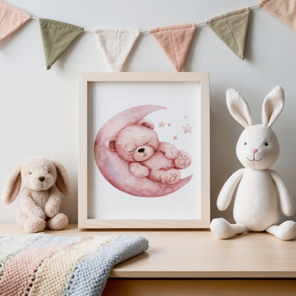 Adorable Teddy Bear Sleeping on Moon Poster product type