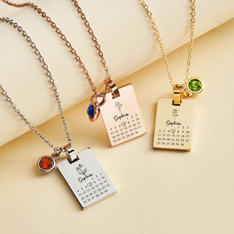 Personalized Calendar Birthstone Necklace - Custom Date Anniversary Gift