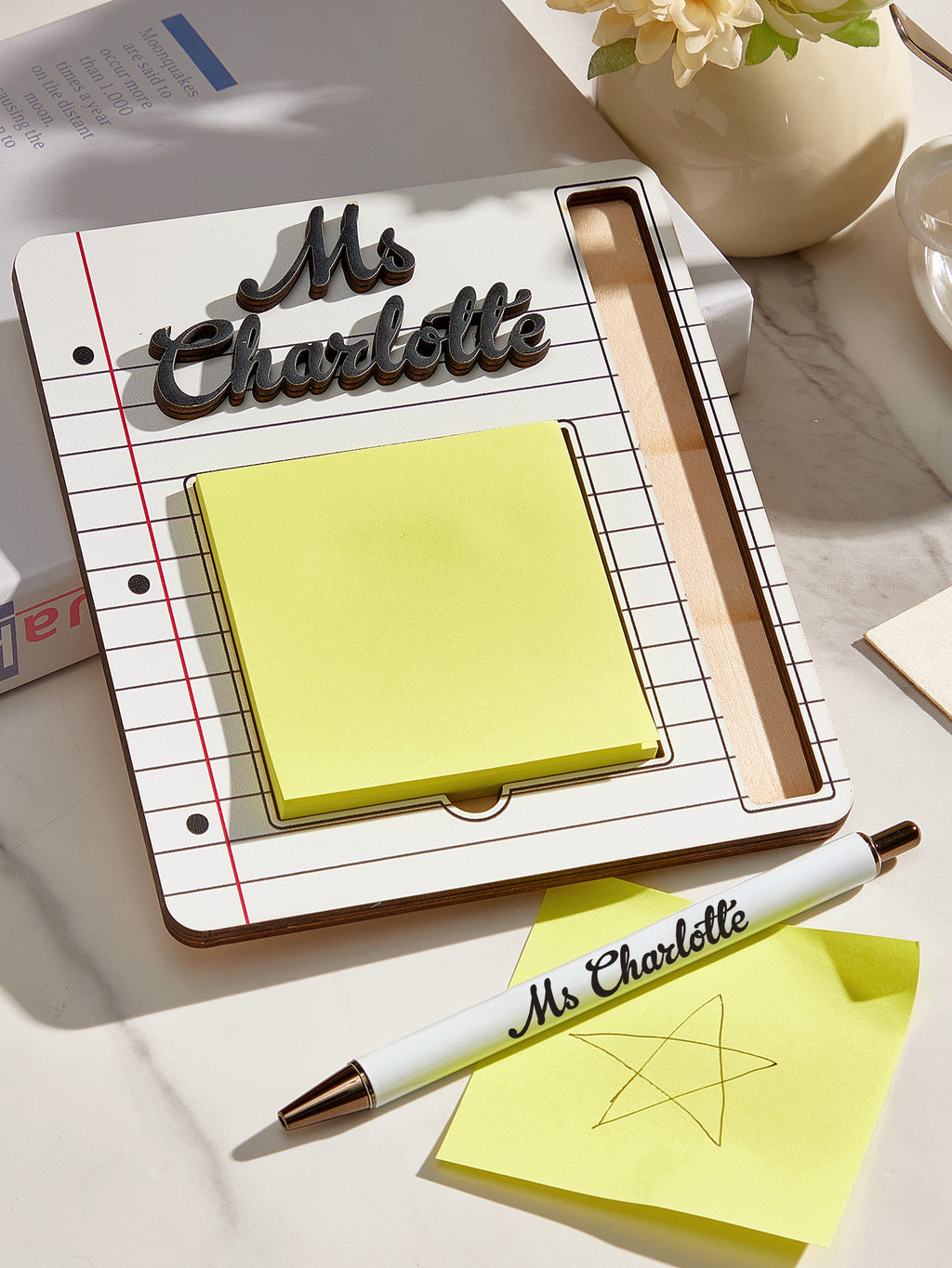 Personalized Wooden Sticky Note Holder with Pen