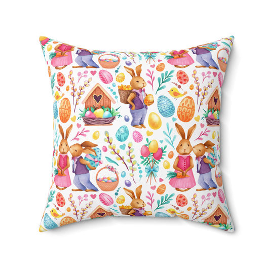 Easter Love Bunnies Spun Polyester Square Pillow with Insert
