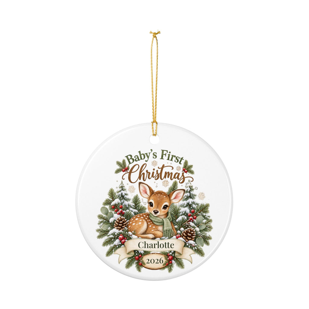 Personalized Baby's First Christmas Ornament - Woodland Fawn Ceramic Keepsake
