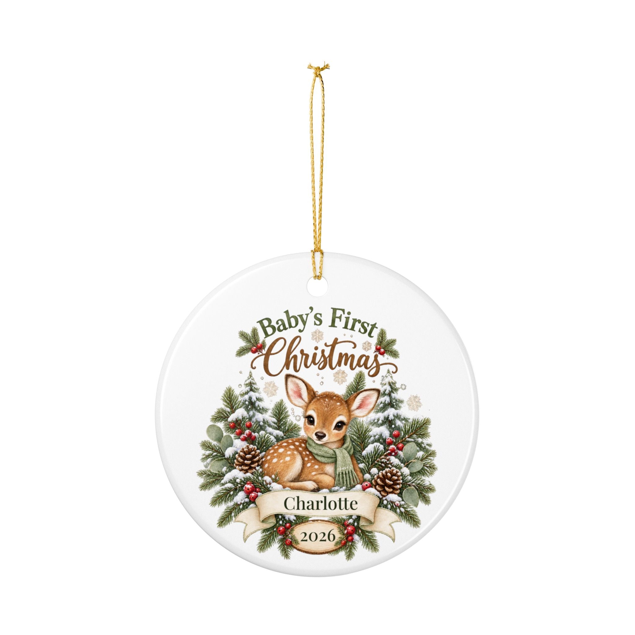 Personalized Baby's First Christmas Ornament - Woodland Fawn Ceramic Keepsake