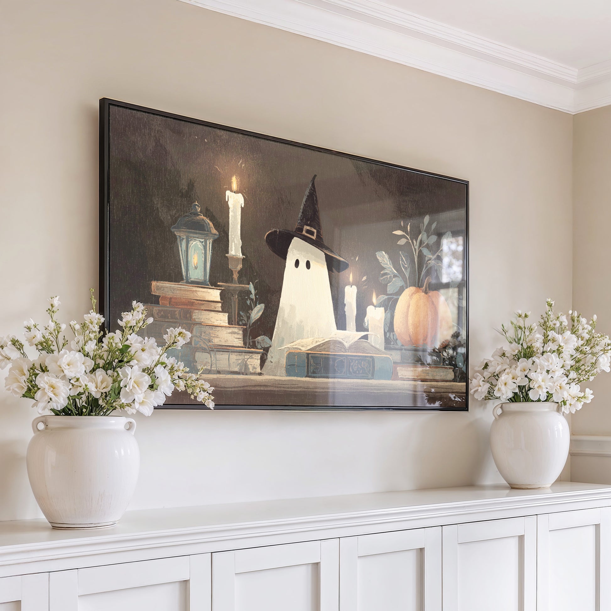 Halloween Ghost Canvas Art Print, Spooky Witch Decor, Autumn Pumpkin Home Wall Hanging, Large Seasonal Interior Design