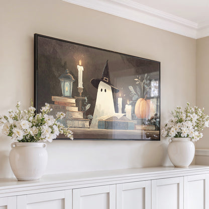 Halloween Ghost Canvas Art Print, Spooky Witch Decor, Autumn Pumpkin Home Wall Hanging, Large Seasonal Interior Design