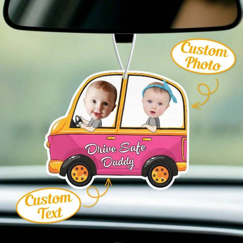 Personalized MadeMine Drive Safe car air freshener with custom photo ornament hanging in a vehicle interior.