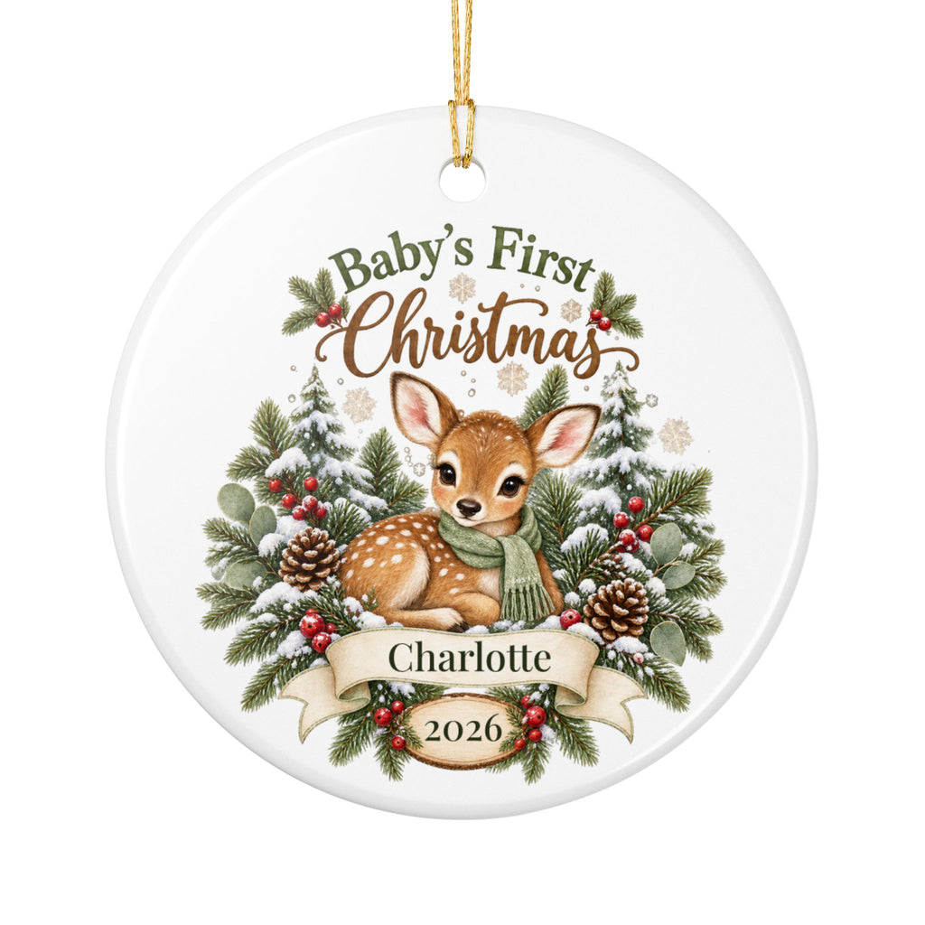 Personalized Baby's First Christmas Ornament - Woodland Fawn Ceramic Keepsake
