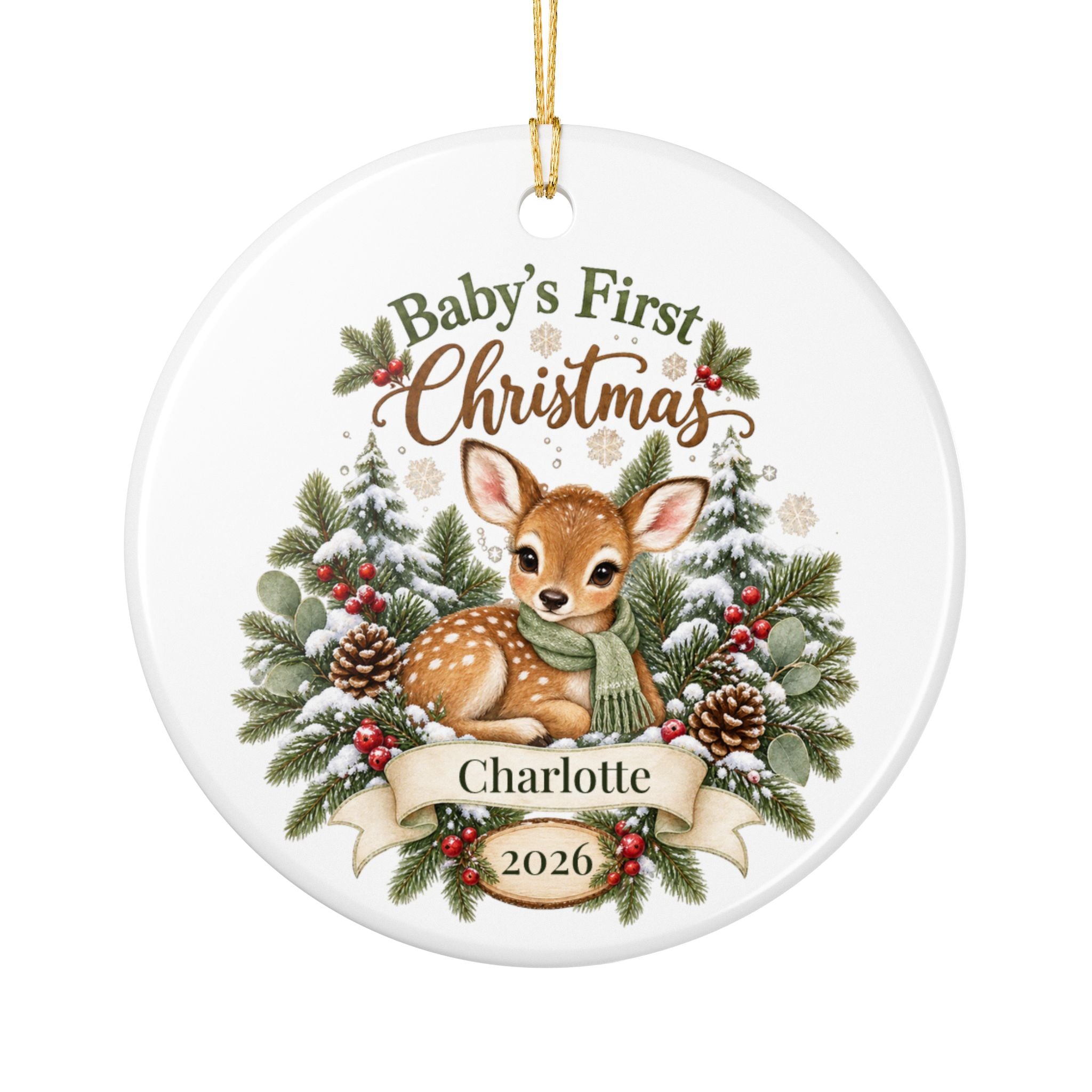 Personalized Baby's First Christmas Ornament - Woodland Fawn Ceramic Keepsake