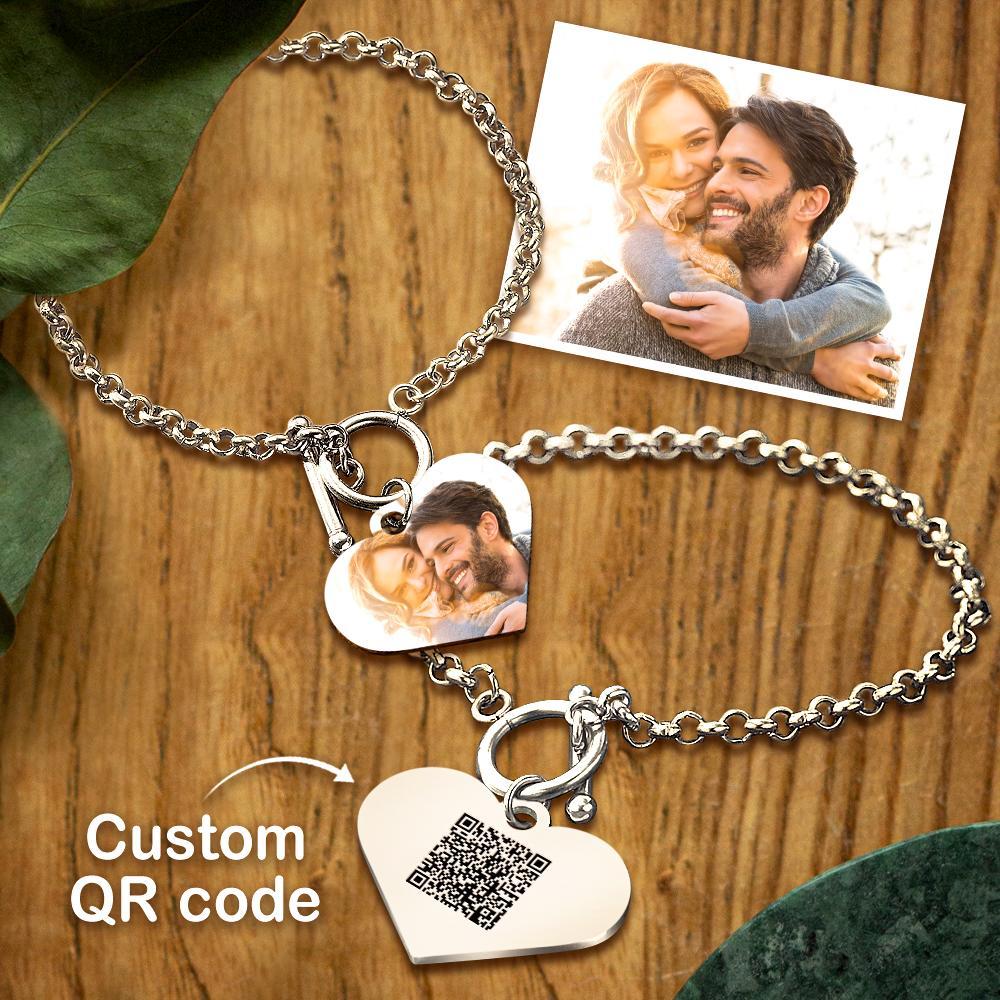 Custom Photo Charm Bracelet with Heart - QR Code Jewelry