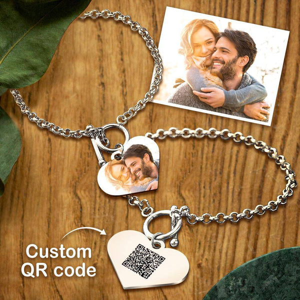 Custom Photo and QR Code Heart Charm Bracelet