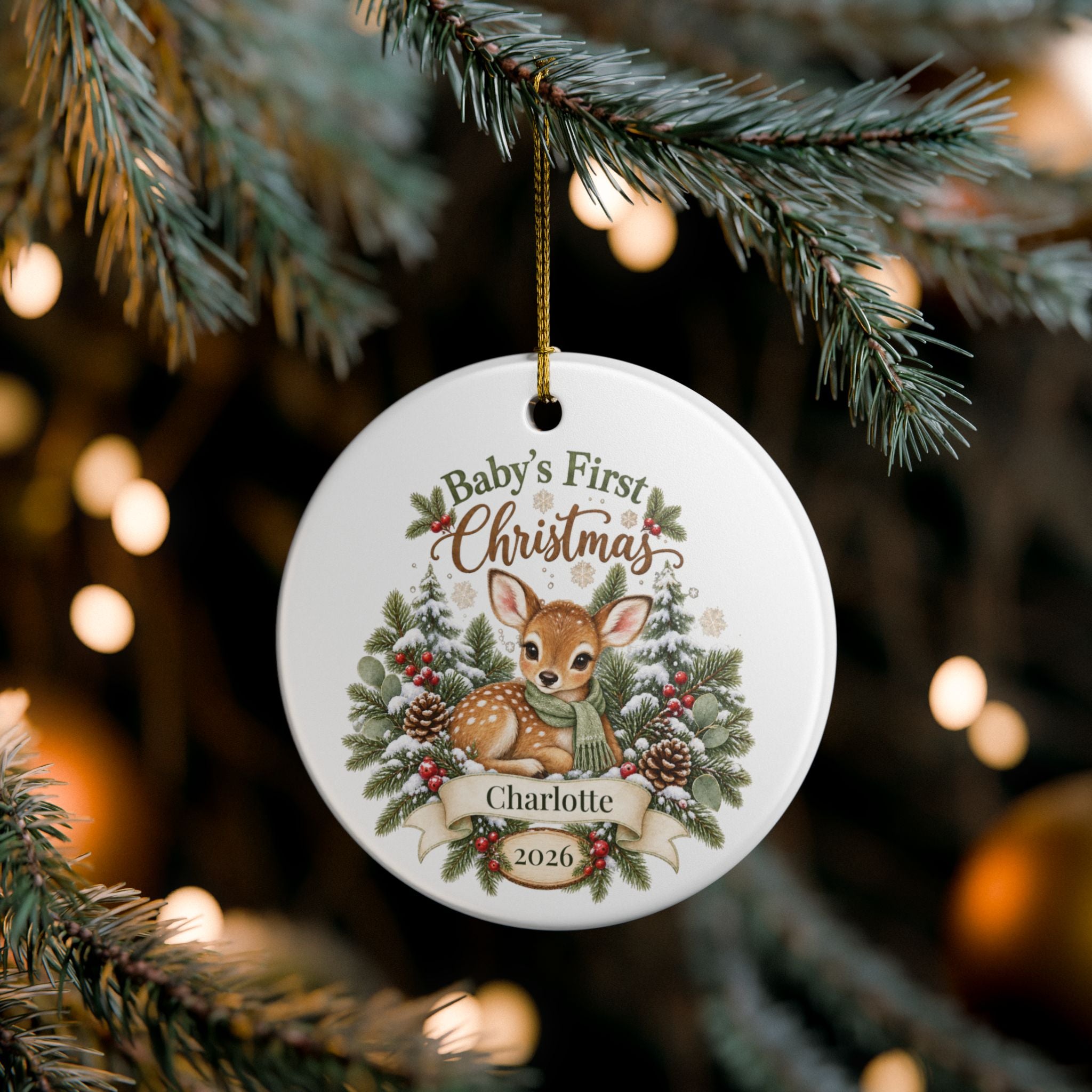 Personalized Baby's First Christmas Ornament - Woodland Fawn Ceramic Keepsake