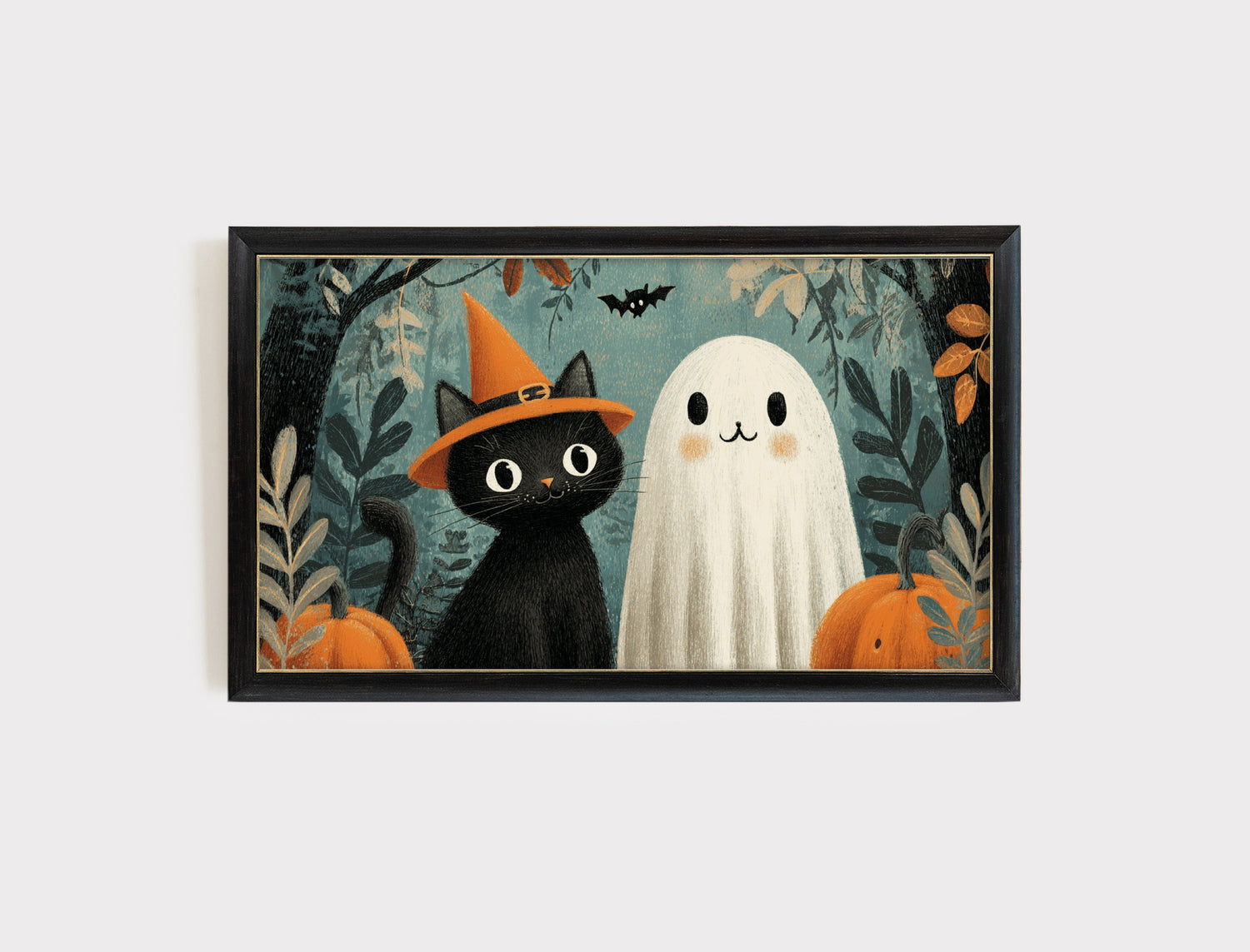 Halloween Cat and Ghost Art Print, Festive Wall Decor, Autumn Pumpkin Illustration, Spooky Season Decorative Artwork