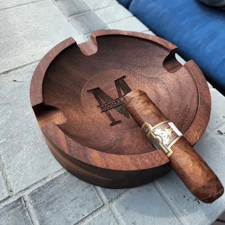 Personalized Wooden Cigar Ashtray - Custom Engraved Walnut Gift