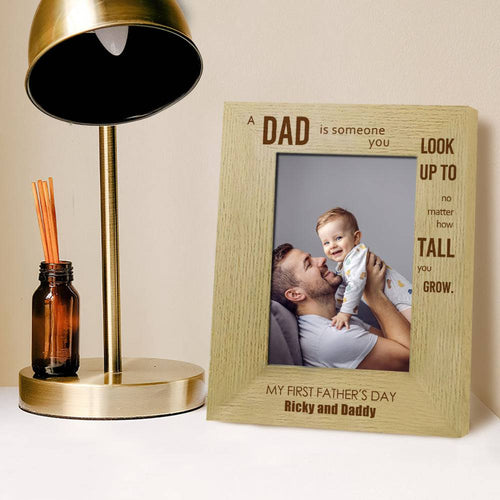 Personalized MadeMine wooden photo frame for Dad, custom Father's Day gift, showcasing a rustic design with space for a family photo.