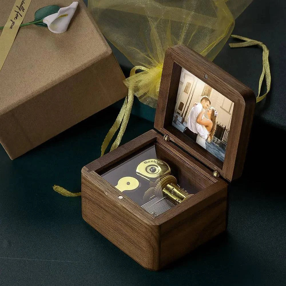 Personalized wooden music box by MadeMine featuring vintage romantic design and custom photo engraving.
