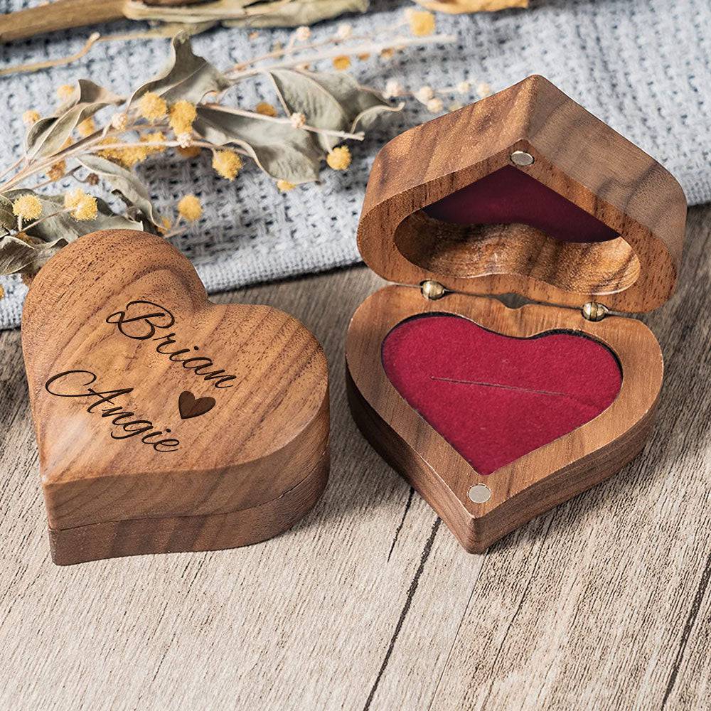 MadeMine personalized wooden heart ring box with engraved design, ideal for engagement or proposal gifts, featuring a smooth finish and compact size.