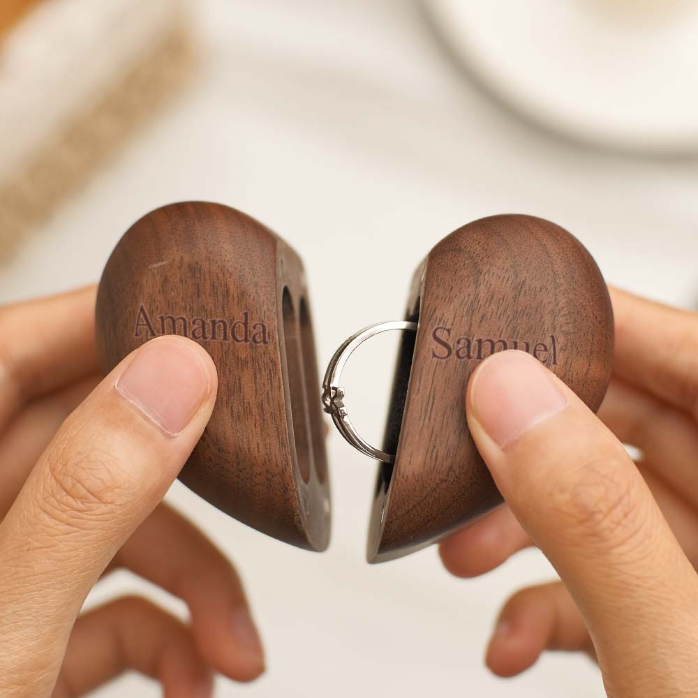 Heart-shaped wooden ring box with double ring holder, personalized jewelry storage from MadeMine.