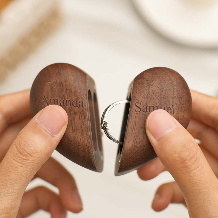 Wooden Heart Shaped Double Ring Box
