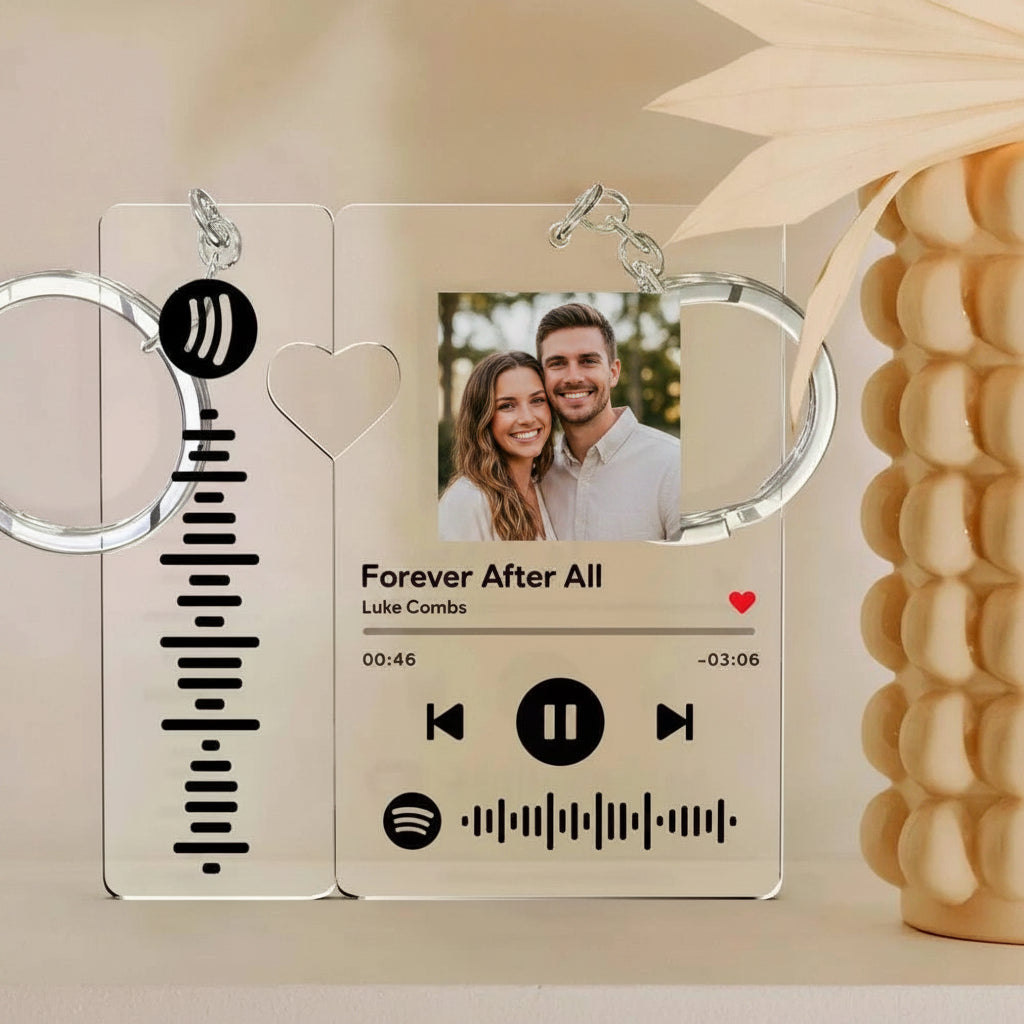 Custom Spotify keychain with personalized photo from Inkedjoy, featuring a sleek keyring and a photo insert for music lovers.