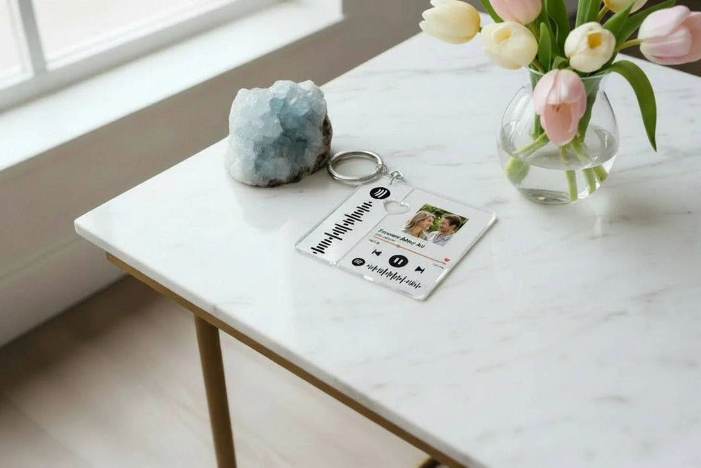 Custom Inkedjoy Spotify keychain featuring a personalized photo, made of durable material with a metal keyring and clear photo display.