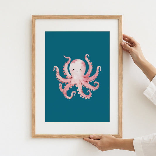 Adorable Pink Octopus on Dark Blue Background Art product type