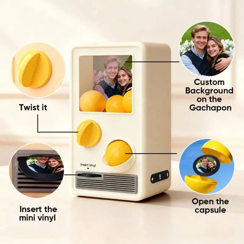 Personalized MadeMine music box gachapon machine with custom photo and song capsules, featuring colorful design and musical components.