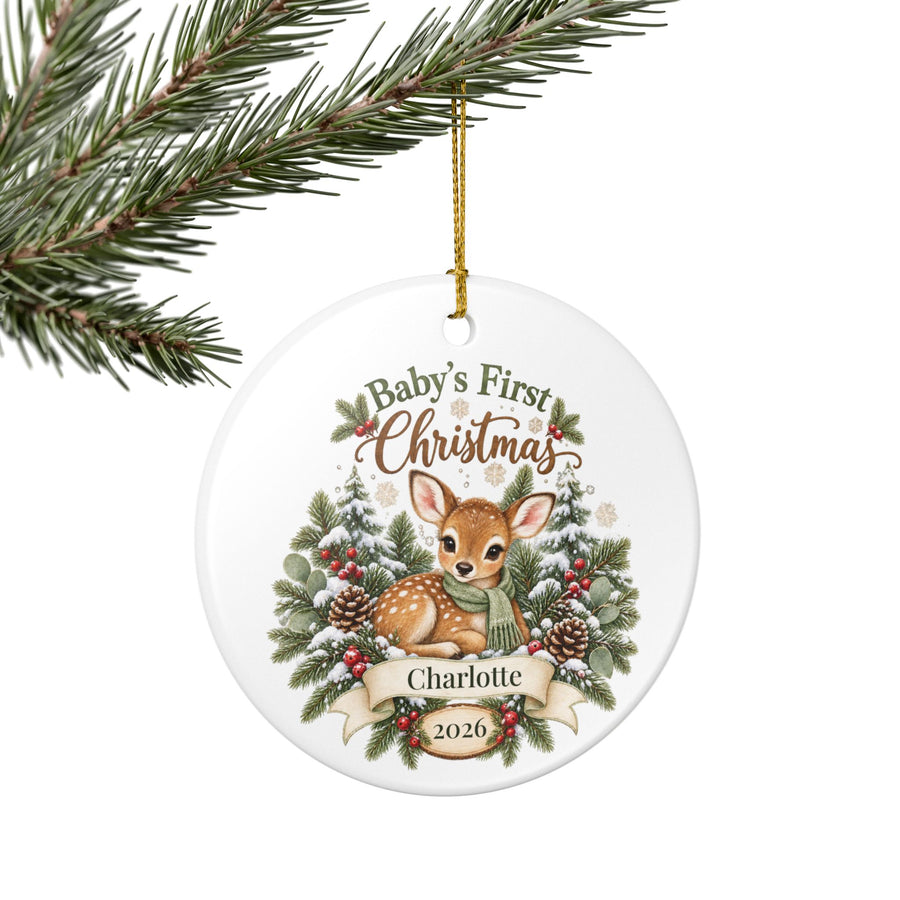 Personalized Baby's First Christmas Ornament - Woodland Fawn Ceramic Keepsake