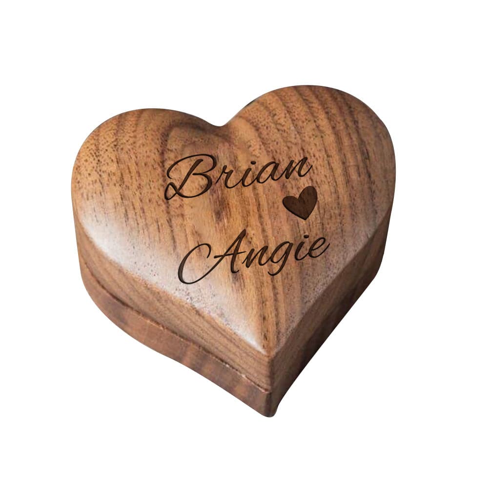 Personalized wooden heart ring box by MadeMine, elegant proposal engagement gift, featuring a heart-shaped design and customizable engraving.