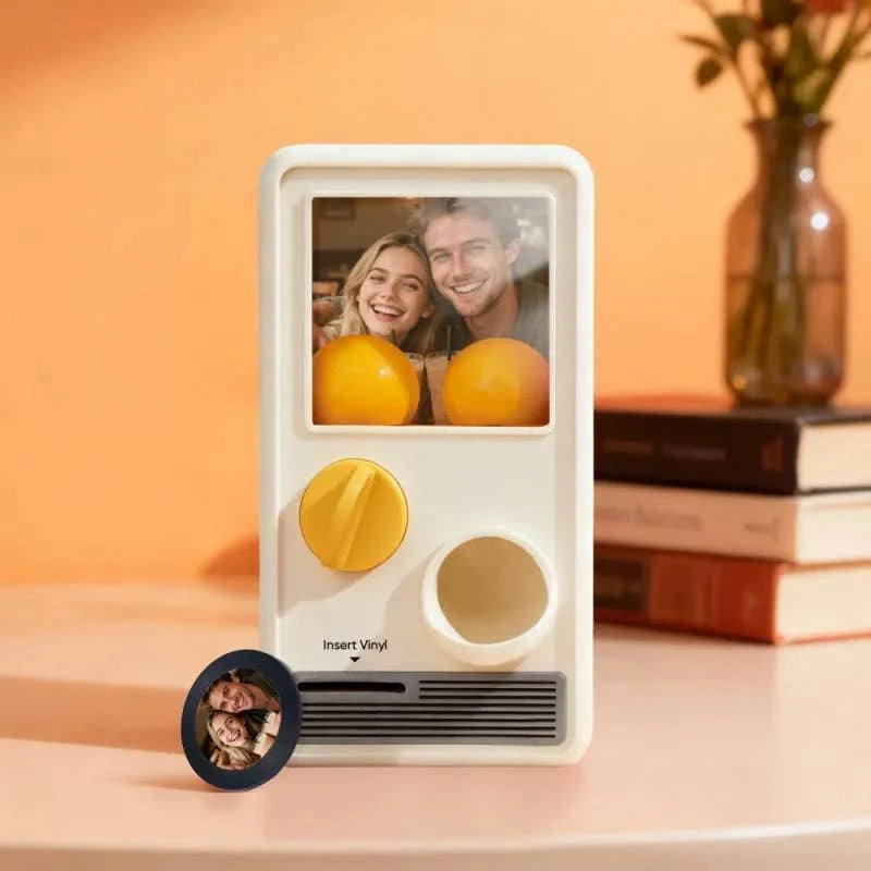 MadeMine personalized music gachapon machine with custom photo and song capsules, showcasing a unique music box design.