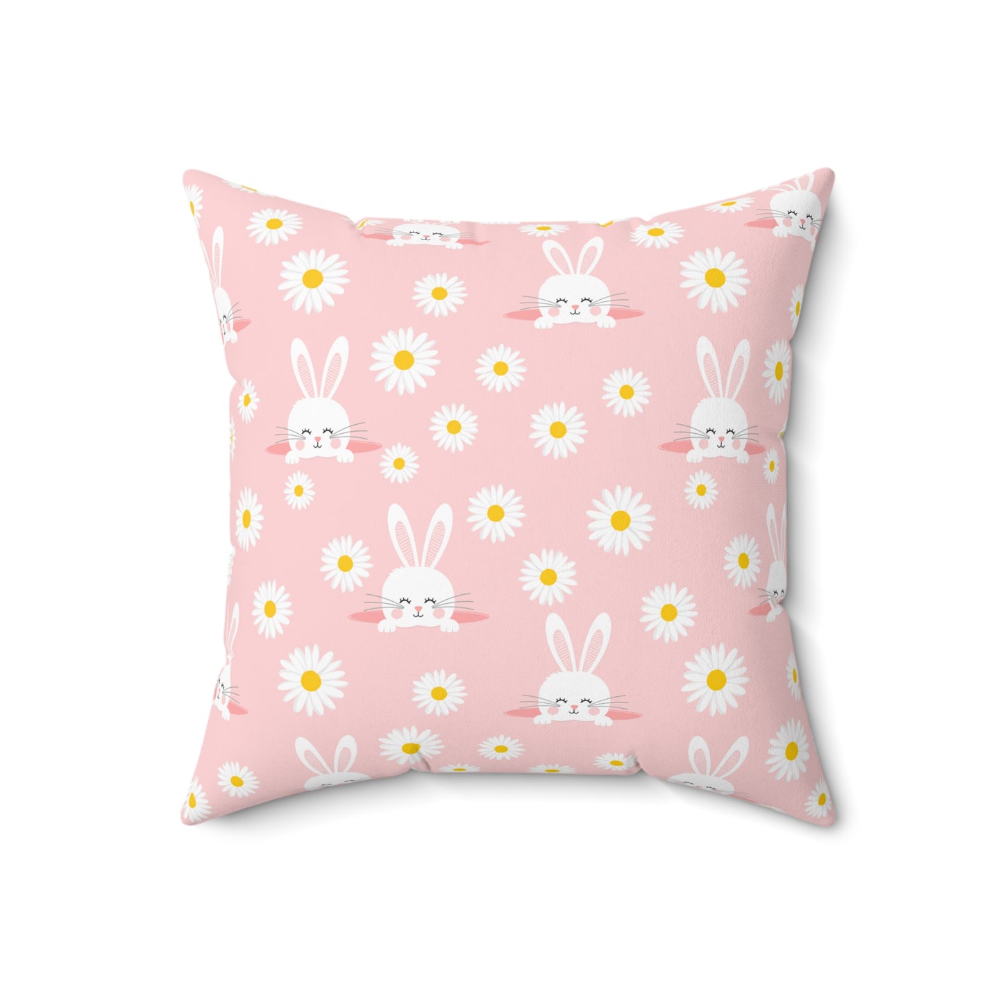 Smiling Bunnies and Daisies Spun Polyester Square Pillow