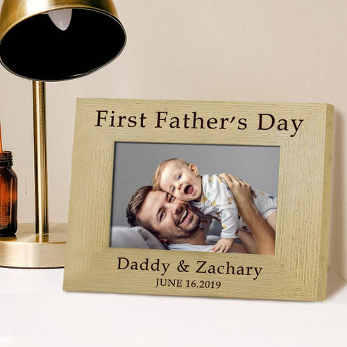 MadeMine personalized wooden photo frame for First Father's Day, featuring custom engraving and a space for a cherished photo.