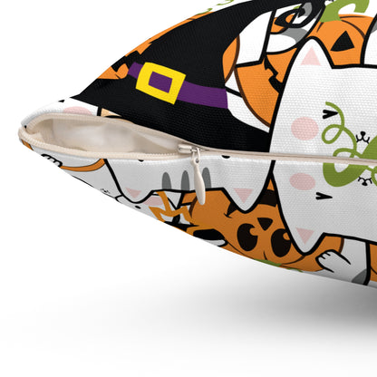 Halloween Kawaii Cats and Pumpkins Spun Polyester Square Pillow with Insert