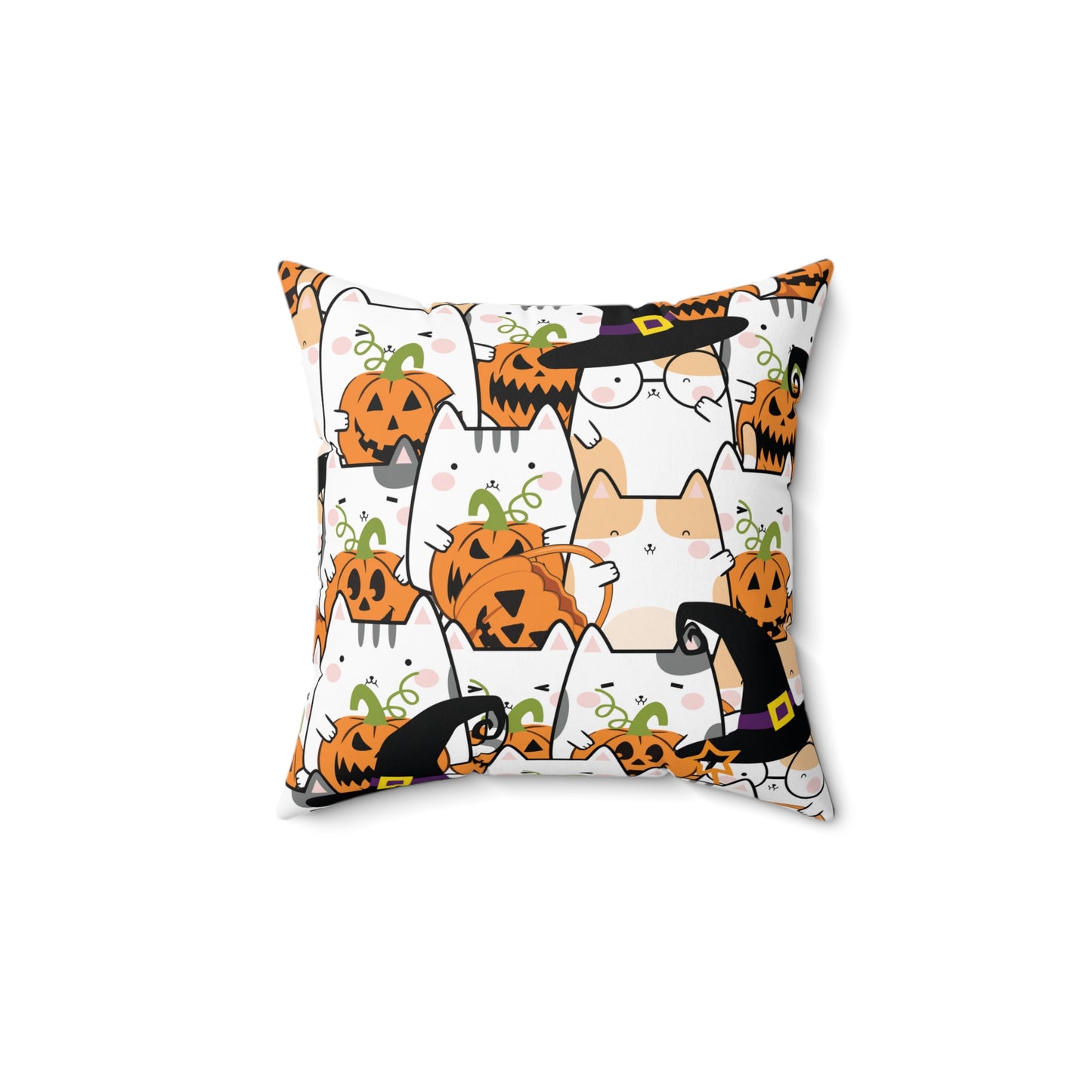 Halloween Kawaii Cats and Pumpkins Spun Polyester Square Pillow with Insert