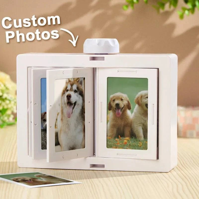 MadeMine rotating photo carousel frame displaying 24 photos, with a sleek design and multiple viewing angles.