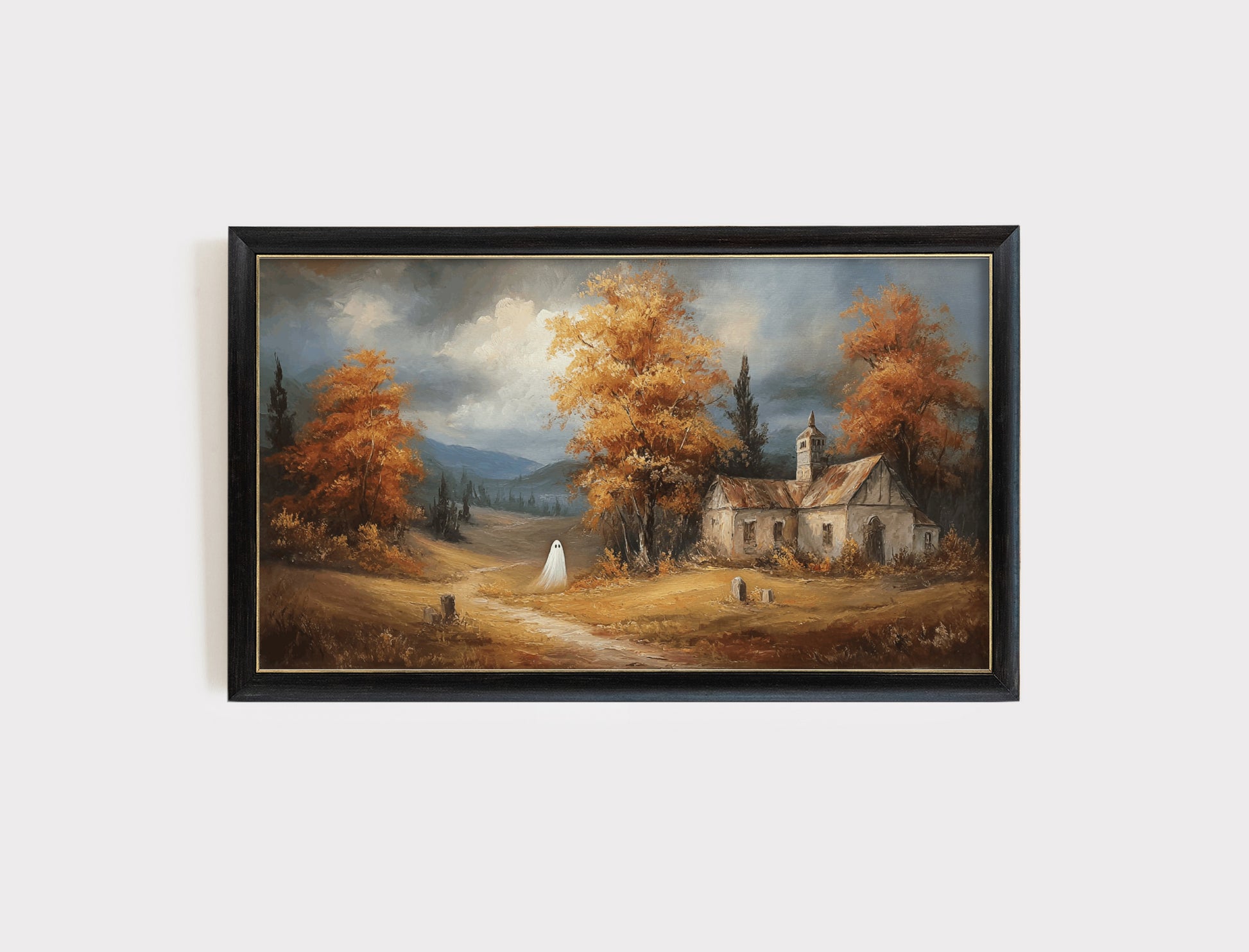 Vintage Landscape Painting, Autumn Scene with Church and Trees, Framed Rustic Wall Art Decor