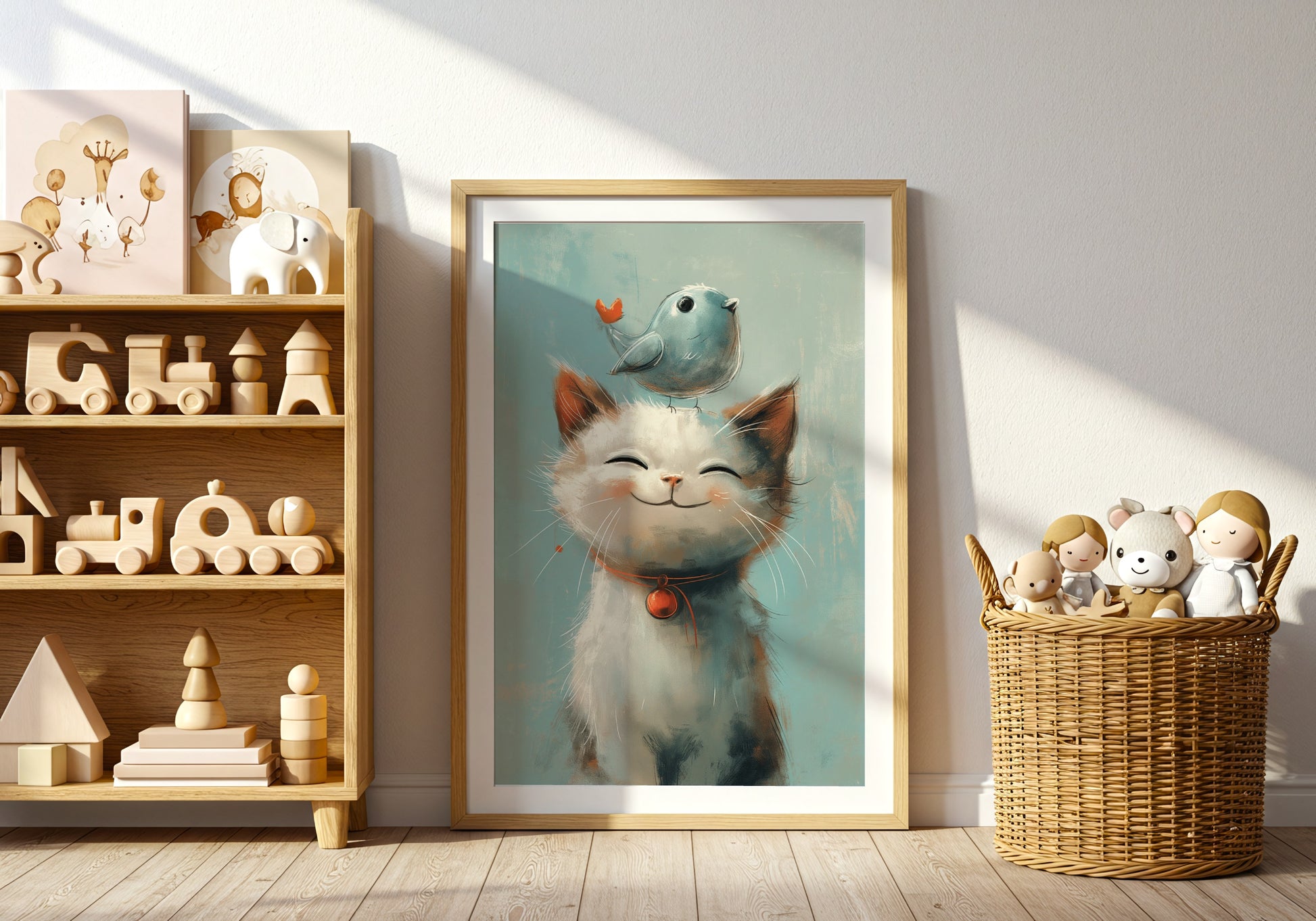 Adorable Cat with Bird Illustration Wall Art product