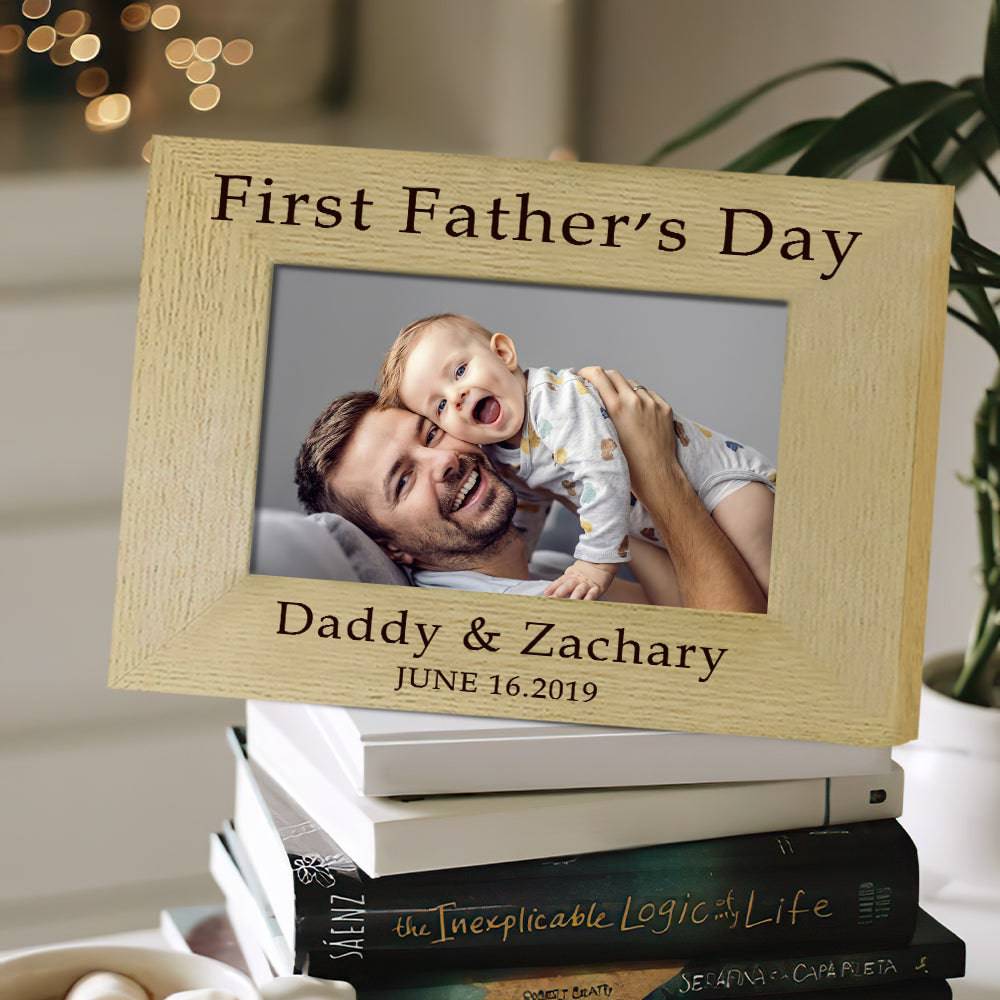 MadeMine personalized wooden photo frame for Father's Day with custom engraving and space for a family photo.