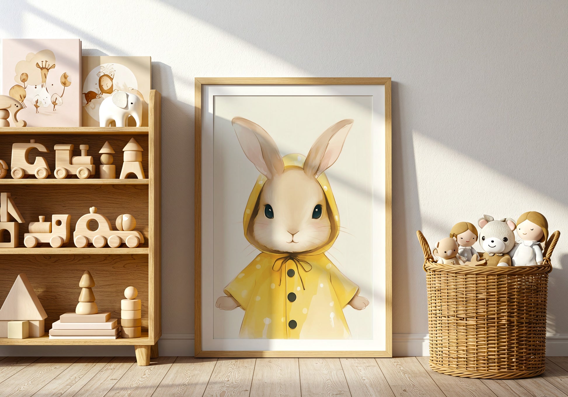 Cute Bunny in Yellow Raincoat Art Print product type