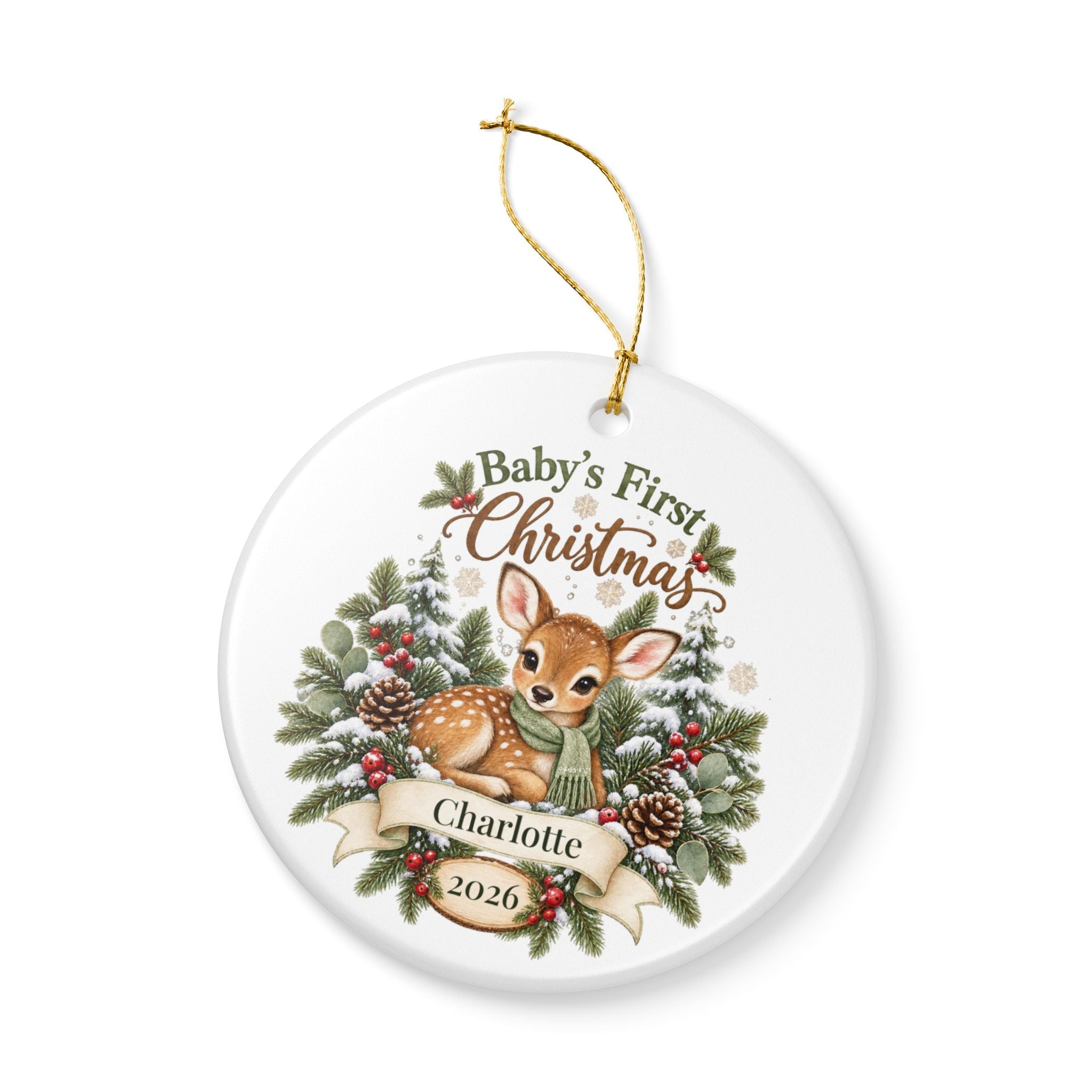 Personalized Baby's First Christmas Ornament - Woodland Fawn Ceramic Keepsake
