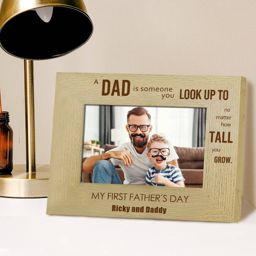 MadeMine personalized wooden photo frame for Dad, custom Father's Day gift, natural wood finish, holds a family photo