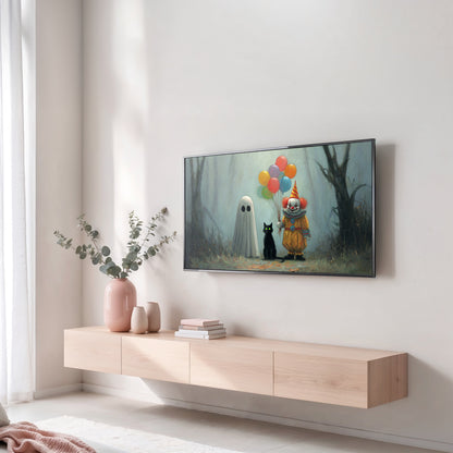 Whimsical Ghost and Cat Art Print, Fantasy Forest Wall Art with Balloons, Unique Living Room Decor, Large Poster