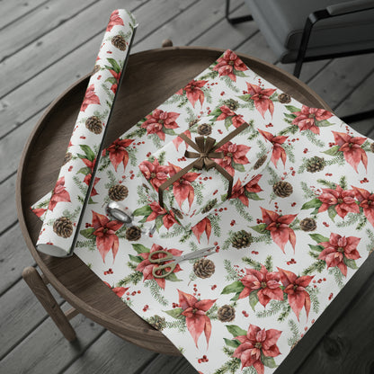 Poinsettia and Pine Cones Gift Wrap Paper