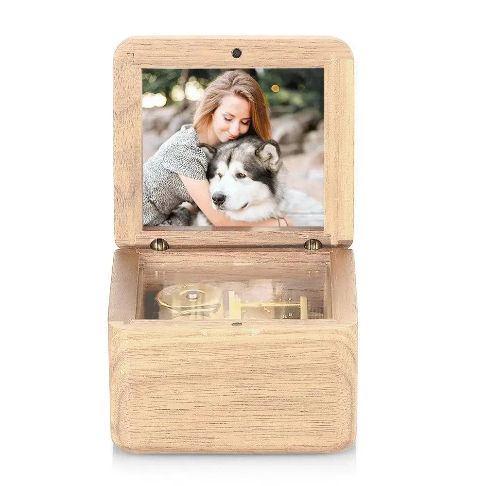 Personalized wooden music box by MadeMine featuring vintage design and romantic keepsake with engraved photo display.