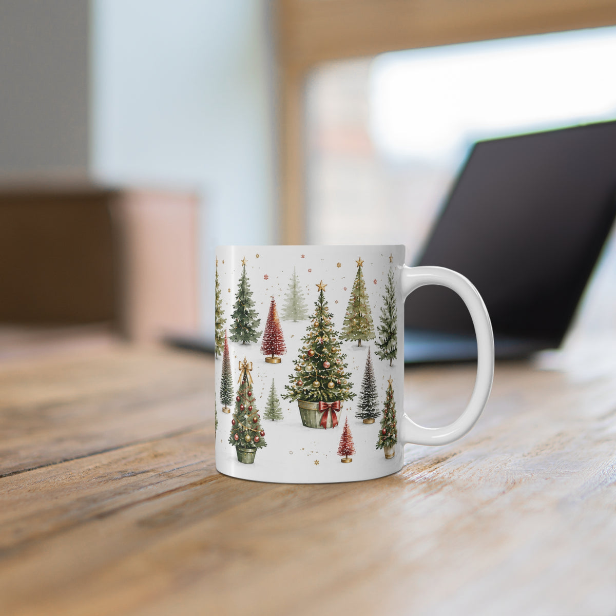 Watercolor Christmas Tree Mug, 11oz White Ceramic