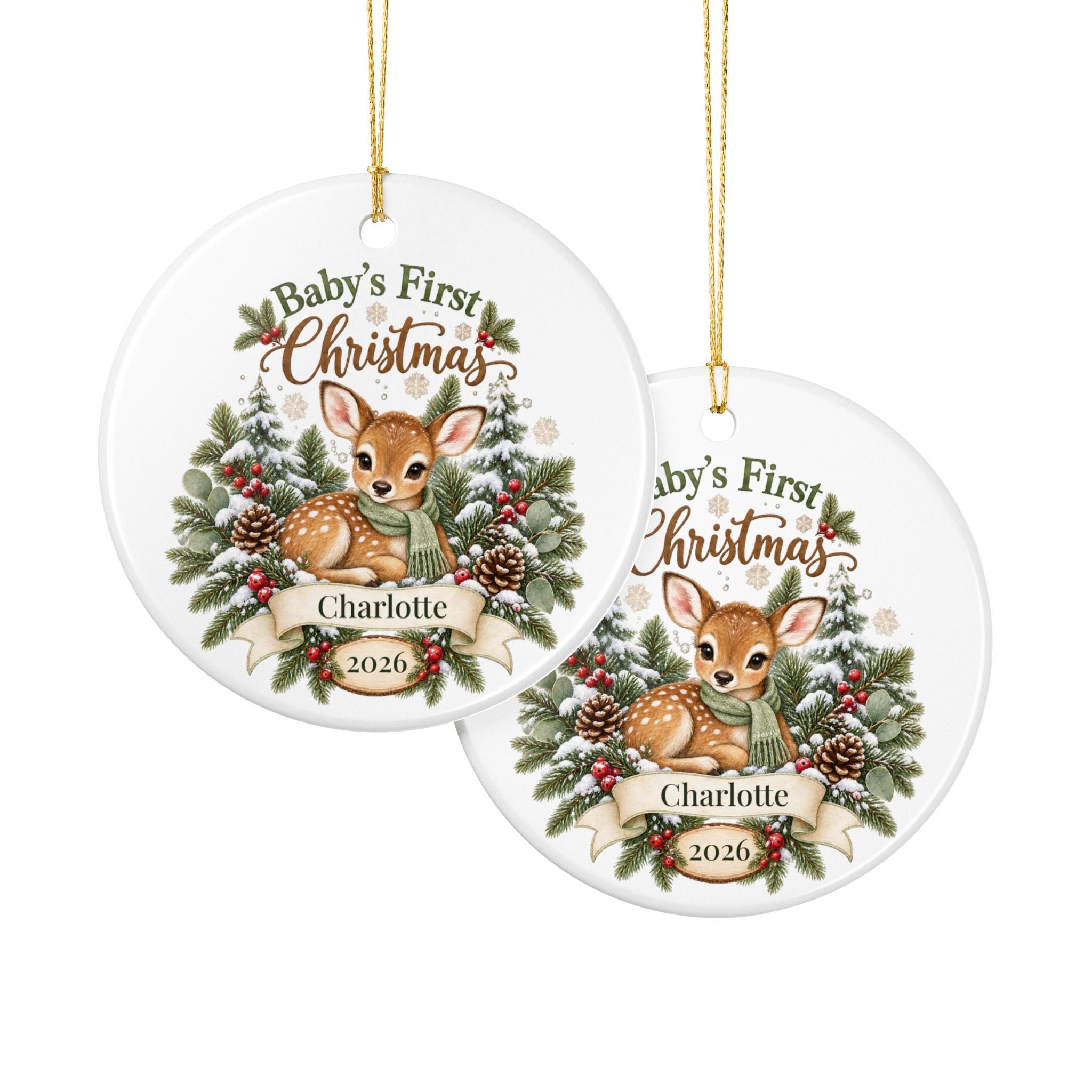 Personalized Baby's First Christmas Ornament - Woodland Fawn Ceramic Keepsake