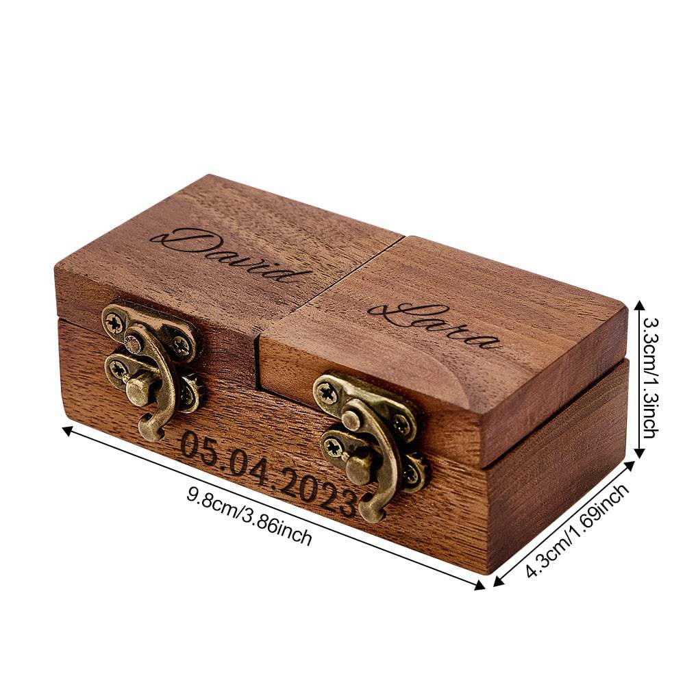 Personalized wooden ring box by MadeMine, custom double ring bearer box with engraved details and elegant craftsmanship.