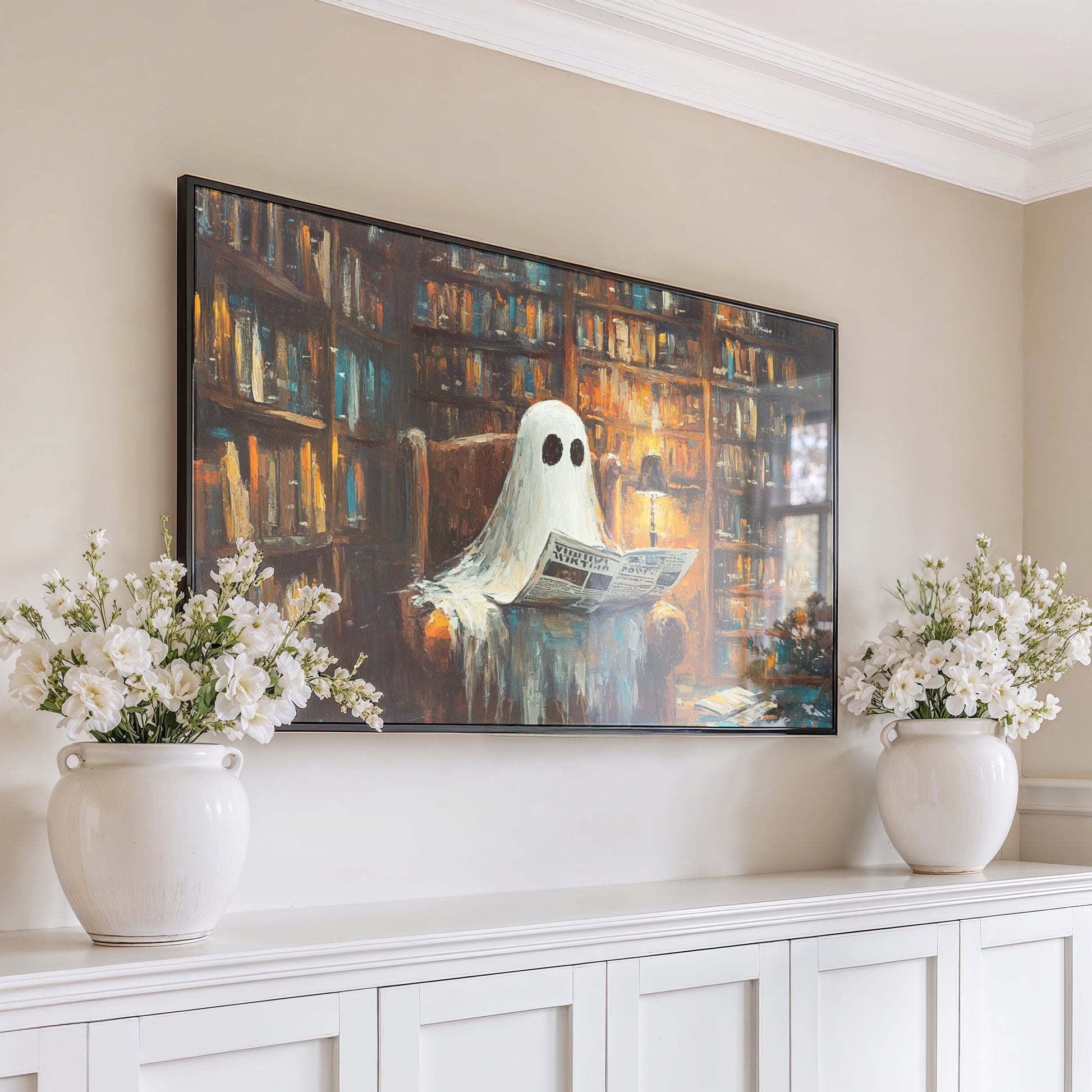 Whimsical Ghost Reading Newspaper Canvas Print, Quirky Library Wall Art, Spooky Decorative Painting for Home
