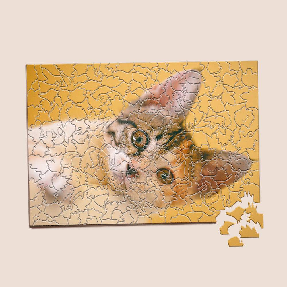 Personalized photo wooden jigsaw puzzle by MadeMine with a custom image, featuring interlocking wooden puzzle pieces.